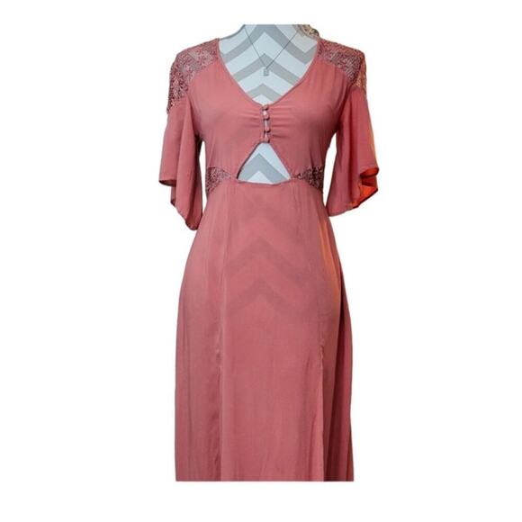 Tobi Coral Pink Lace Cuttout Button Front Accent Sheere Back Slit Maxi Dress S - Picture 3 of 15